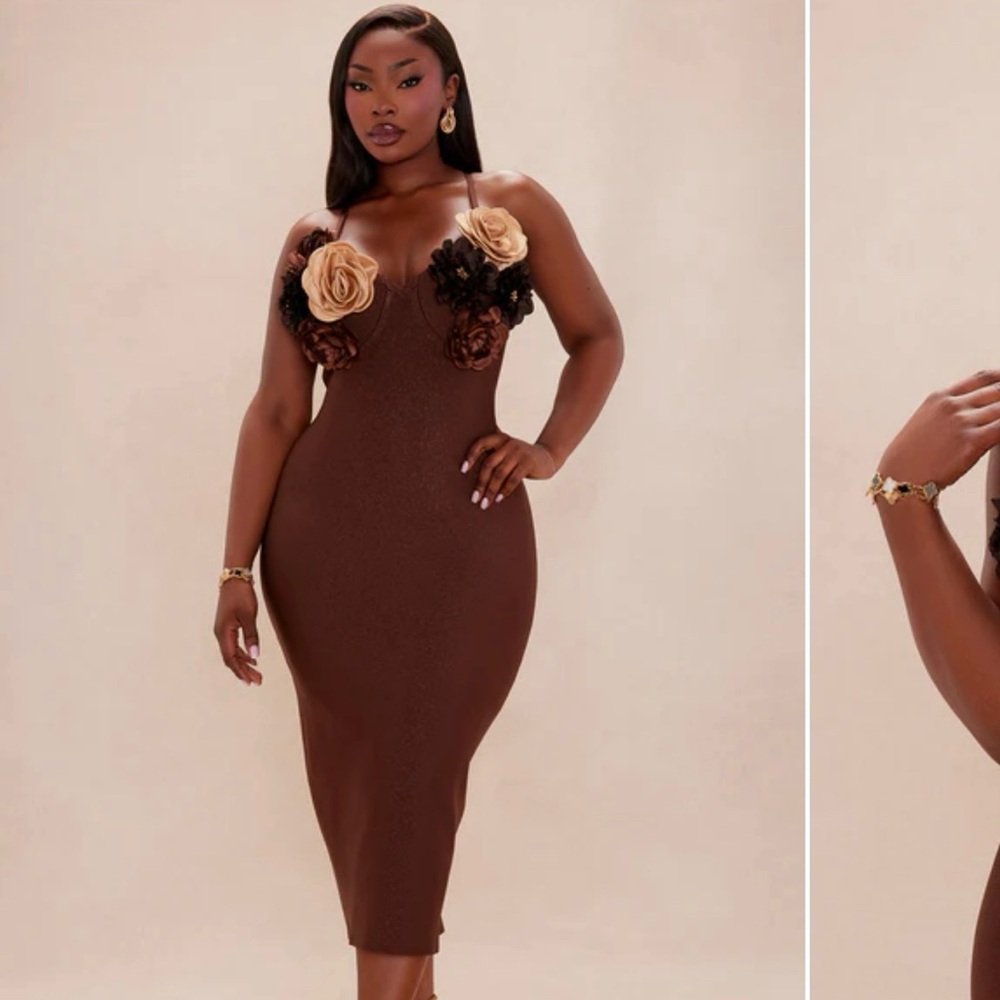Fashion Nova Brown Floral Midi Dress - Picture 1 of 3